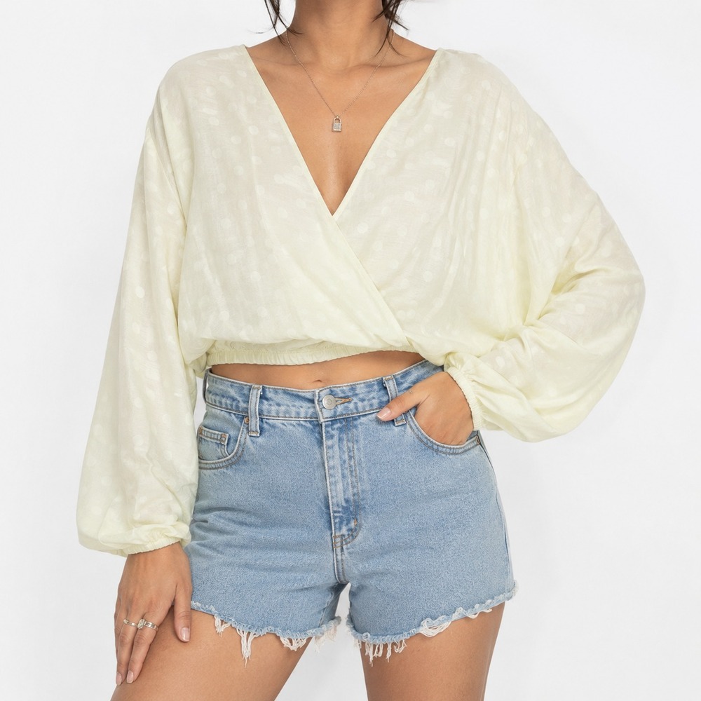 Tulip B Designed by J317 Wrap Blouse Women's M/L Cream Polka Dot Batwing Sleeve
